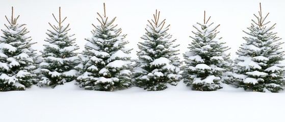 Obraz premium Snowcovered evergreen trees with twinkling lights, festive winter scene