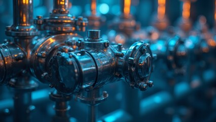 Complex network of industrial metal valves in low light