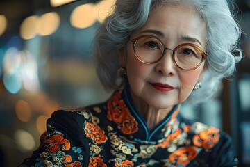 Elegant senior woman in vintage attire with intricate floral patterns and glasses