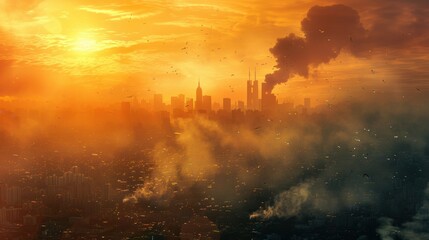 Obraz premium Urban Pollution: This term describes pollution in cities, including air, noise, and light pollution, along with waste management issues harming urban populations. 