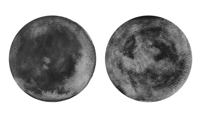 Set of two circles with watercolor fill. Black and different shades of gray color. Isolated on white background. Ink blur, visible paper texture.