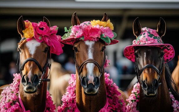 A lively portrait of three horses in vibrant hats and pink floral dresses, positioned at the wardrobe section of the Camp Ida horse racing event