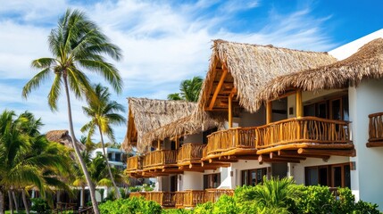 Tropical Resort with Palm Trees and Thatched Roof