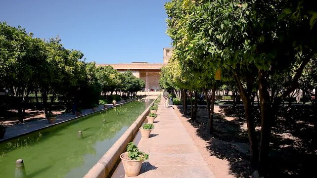 Courtyard garden in Arg of Karim Khan or Citadel in downtown Shiraz, Fars Province, Iran. Heritage and tourist attraction. Heritage and tourist attraction.