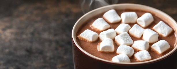Closeup of hot cocoa with marshmallows, steam rising, perfect winter treat