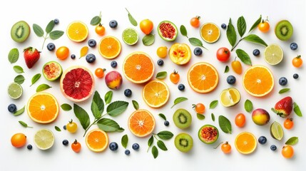 Top view of assorted spring fruits arranged in a visually striking pattern