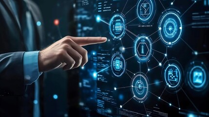 Fototapeta premium Businessman touching a digital business network connection icons