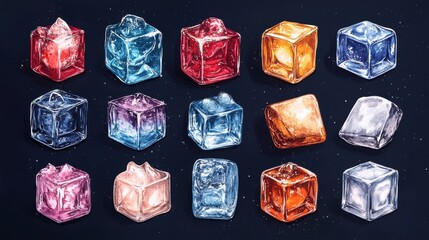 Stylized illustration of various ice cube shapes and sizes arranged creatively, highlighting their versatility in cocktails and beverages.