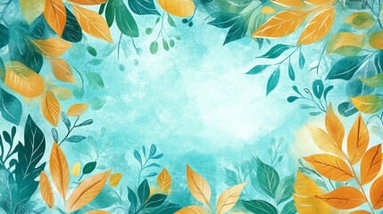 A vibrant illustration of leaves and foliage framing a soft blue background.