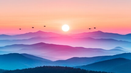 Fototapeta premium Silhouettes of Helicopters Flying over Mountains at Sunset