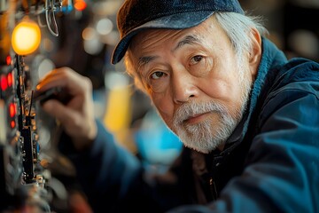 Obraz premium Elderly man adjusting audio equipment in a studio setting