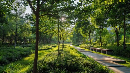 Obraz premium Urban park with lush greenery and walking trail