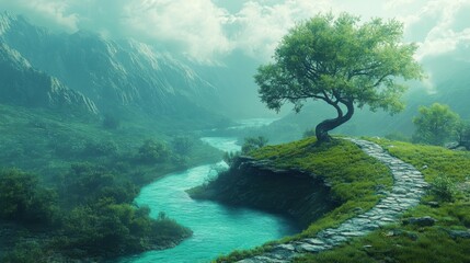 Surreal landscape with a winding river that loops infinitely, reflecting the idea of continuity and the flow of time.