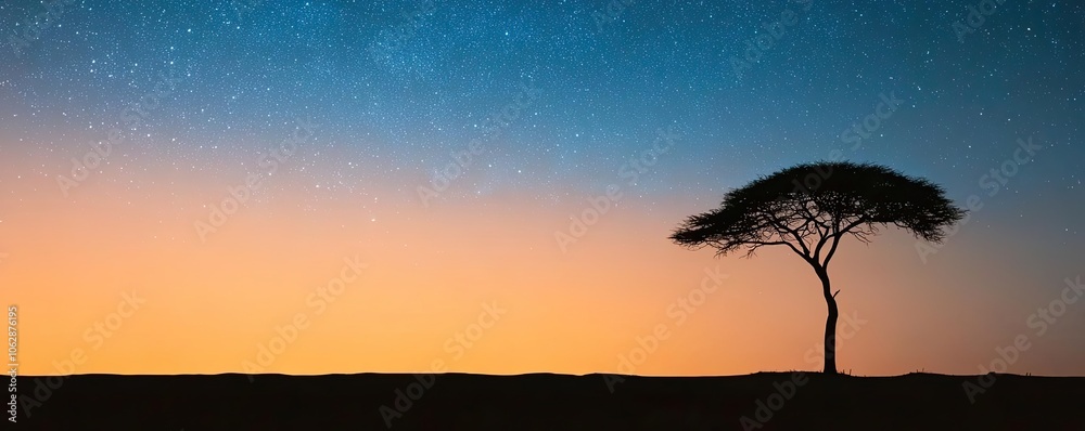 Poster Silhouette of a tree against a twilight sky filled with stars and gradient colors.