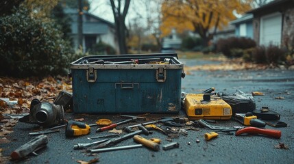 Toolbox and parts scattered on the driveway, highlighting tools used for garage door maintenance and repair.