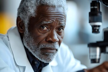 Senior scientist in laboratory setting with microscope