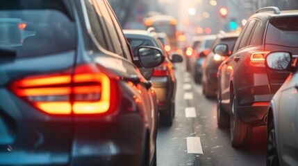 Fototapeta premium Air Pollution: Emissions from vehicles and factories release harmful gases and particles into the atmosphere, leading to respiratory issues and climate impact. 