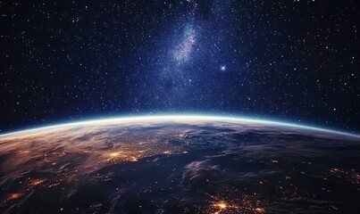 View of stars and milky way above Earth from space