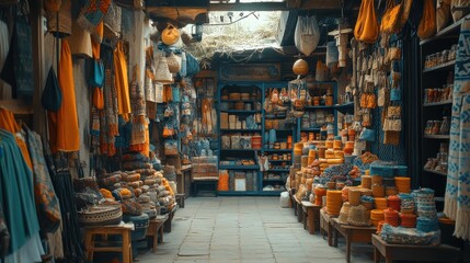 Vibrant market scene filled with colorful spices, textiles, and handcrafted goods, showcasing the rich culture and diversity of local artisans.