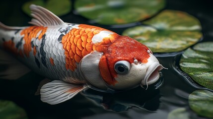 Close up of a Colorful Koi Fish Swimming in a Pond with Lily Pads
