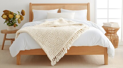A cozy, inviting bedroom scene featuring a wooden bed with a textured blanket, soft pillows, and a decorative table with flowers.