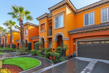 Fototapeta premium Vibrant tropical street with colorful houses, palm trees, and a stunning blue sky view