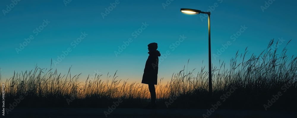 Poster silhouette of a person standing near a lamp post during twilight.