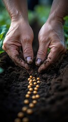 Seed Sowing Ritual, A farmer's hands gently distribute seeds into fertile soil, rich earthy tones, vibrant textures, high-definition clarity.