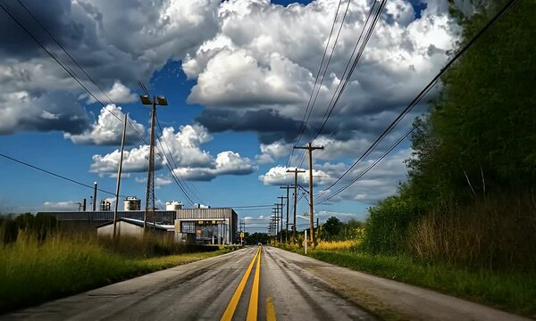 
A road leading into the distance, with yellow lines on both sides and clouds in front. In the background is an abandoned industrial area within tropical rainforests,
