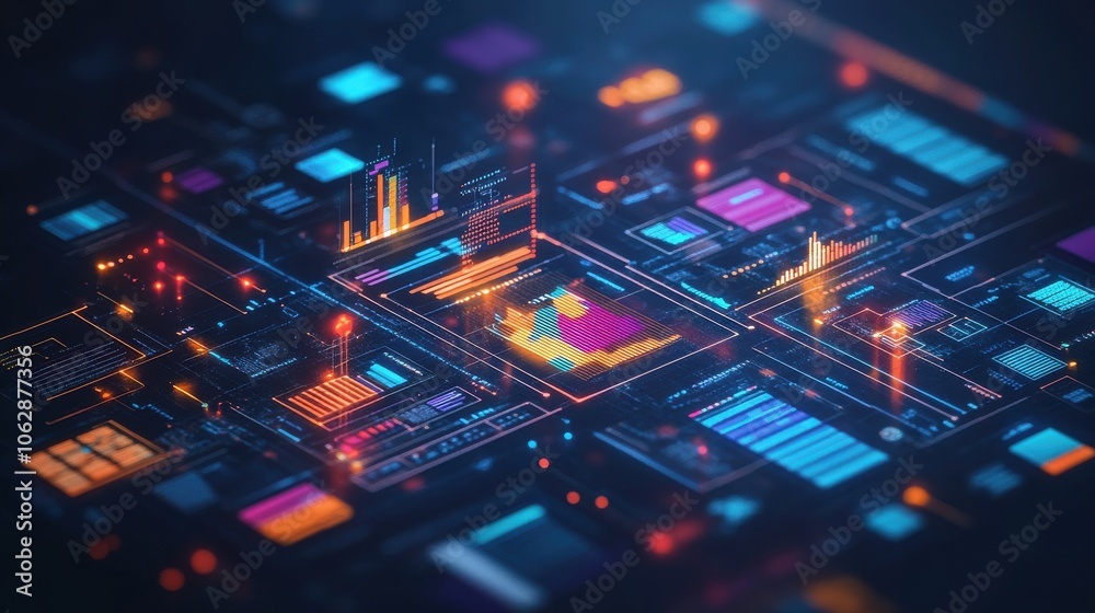 Wall mural visual representation of a digital interface filled with data, charts, and graphs, highlighting the 