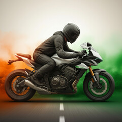 Naklejka premium A rider clad in black riding a motorcycle that reflects the Indian flag's colors, showcasing a blend of adventure and patriotism