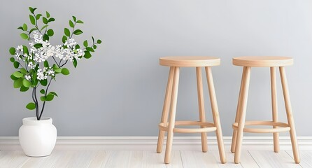 A minimalist interior scene featuring two wooden stools beside a potted plant with delicate flowers against a light grey wall.