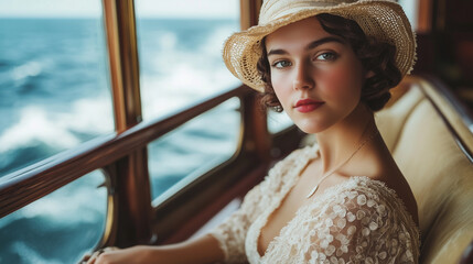 In the 1920s, a young aristocratic woman lounges on a sofa in her stateroom, gazing out at the vast open ocean from a cruise liner