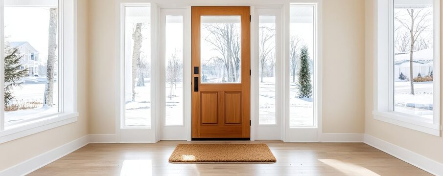 Modern front entrance with a wooden door and large windows, bright and welcoming.