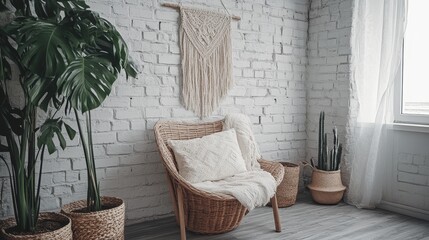 A cozy, minimalist living space featuring a wicker chair, plants, and a macramé wall hanging.