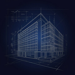 A refined blueprint representation of a building's elevation against a dark backdrop, emphasizing precision and architectural expertise