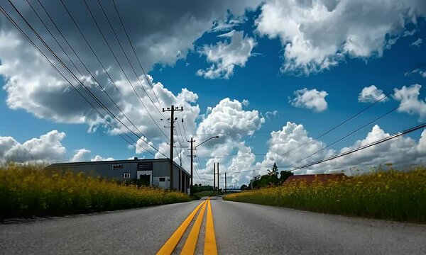 
A road leading into the distance, with yellow lines on both sides and clouds in front. In the background is an abandoned industrial area within tropical rainforests,