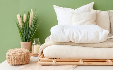 A cozy arrangement of pillows, blankets, and a plant creates a serene, inviting space with a calming green backdrop.