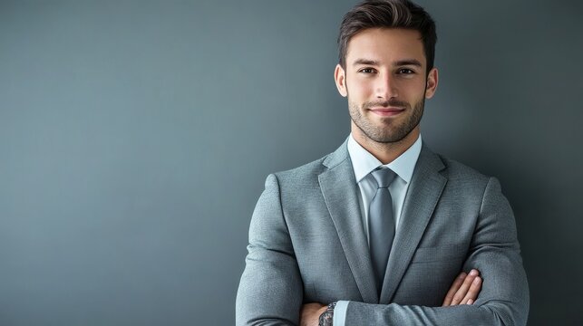 A confident man in a suit poses with arms crossed against a gray background.