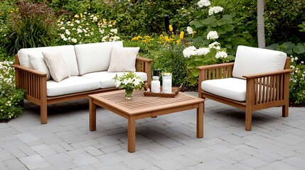 Fototapeta premium A stylish outdoor seating area featuring a wooden sofa set and a coffee table surrounded by lush greenery and flowers.