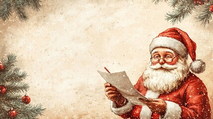 Santa Claus reads a list on a vintage paper background with fir branches and red Christmas ornaments.
