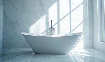 White marble style wall tiles in elegant and bright bathroom with simple bathtub, close-up.