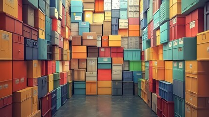 Fototapeta premium Whimsical representation of a stockroom filled with colorful boxes and labels, highlighting the importance of organization in inventory control.