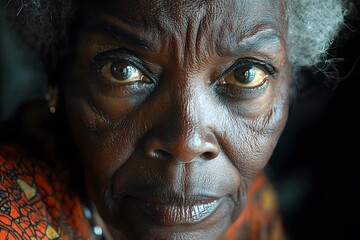 Obraz premium Elderly woman's expressive face with focused gaze and intricate skin details