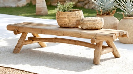 Eco-friendly bamboo furniture Hygge concept. A rustic wooden bench adorned with woven baskets and plants, set against a natural outdoor backdrop.