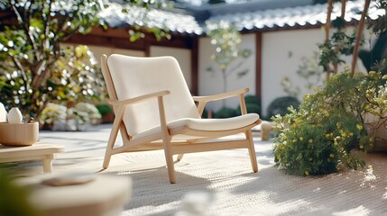 Obraz premium Eco-friendly bamboo furniture Hygge concept. A serene outdoor space featuring a minimalist wooden chair surrounded by greenery and a tranquil ambiance.