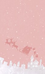 街とサンタクロースのシルエットと雪のクリスマスイメージ背景イラスト　ピンク色