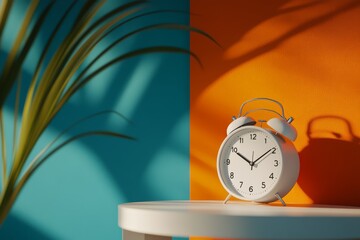 white alarm clock on an orange and blue background, symbolizing time managemen