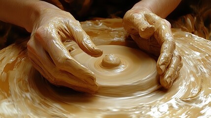 Master Potter Crafting Clay on Wheel, skilled hands molding earth into art, showcasing the beauty of creation and craftsmanship in motion