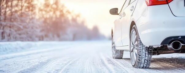 Side view of a white car on a snowy road at sunset.